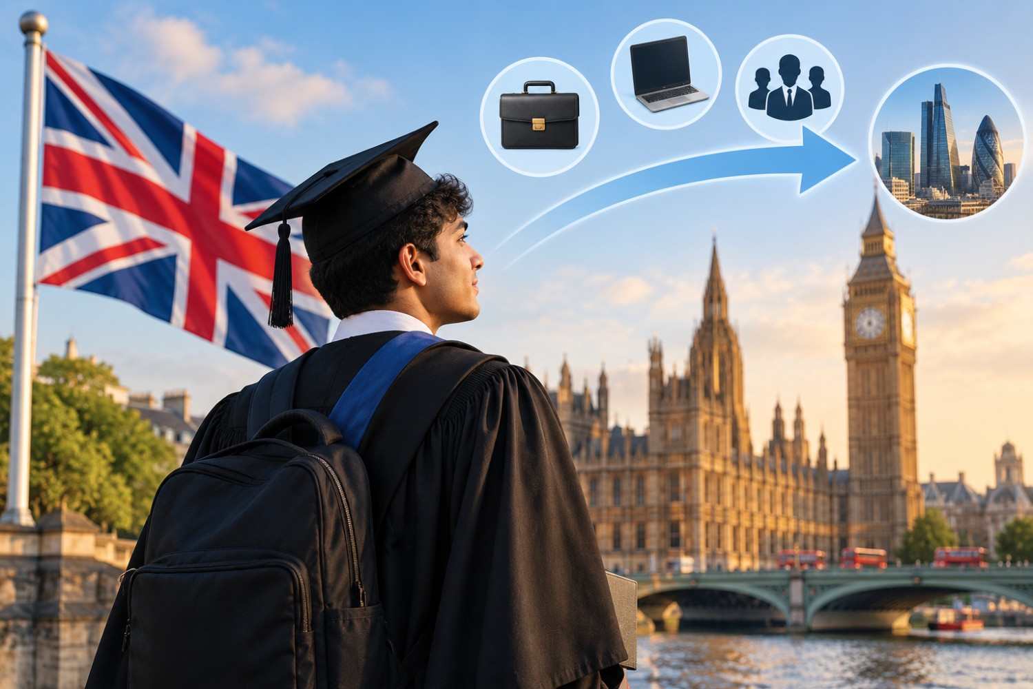 UK graduate in cap and gown overlooking London skyline, representing career opportunities after completing an MBA without work experience.